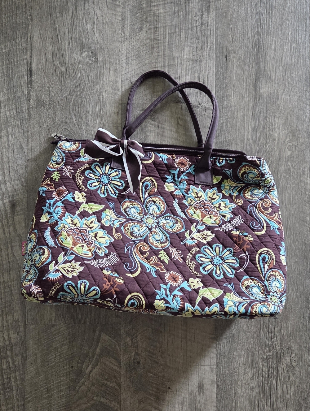 N.Gil Quilted Brown and Green Floral Tote Bag.